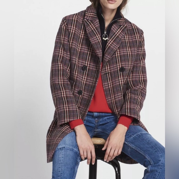Sandro Alex Plaid-Print Double Breasted Coat Jacket - Picture 1 of 10